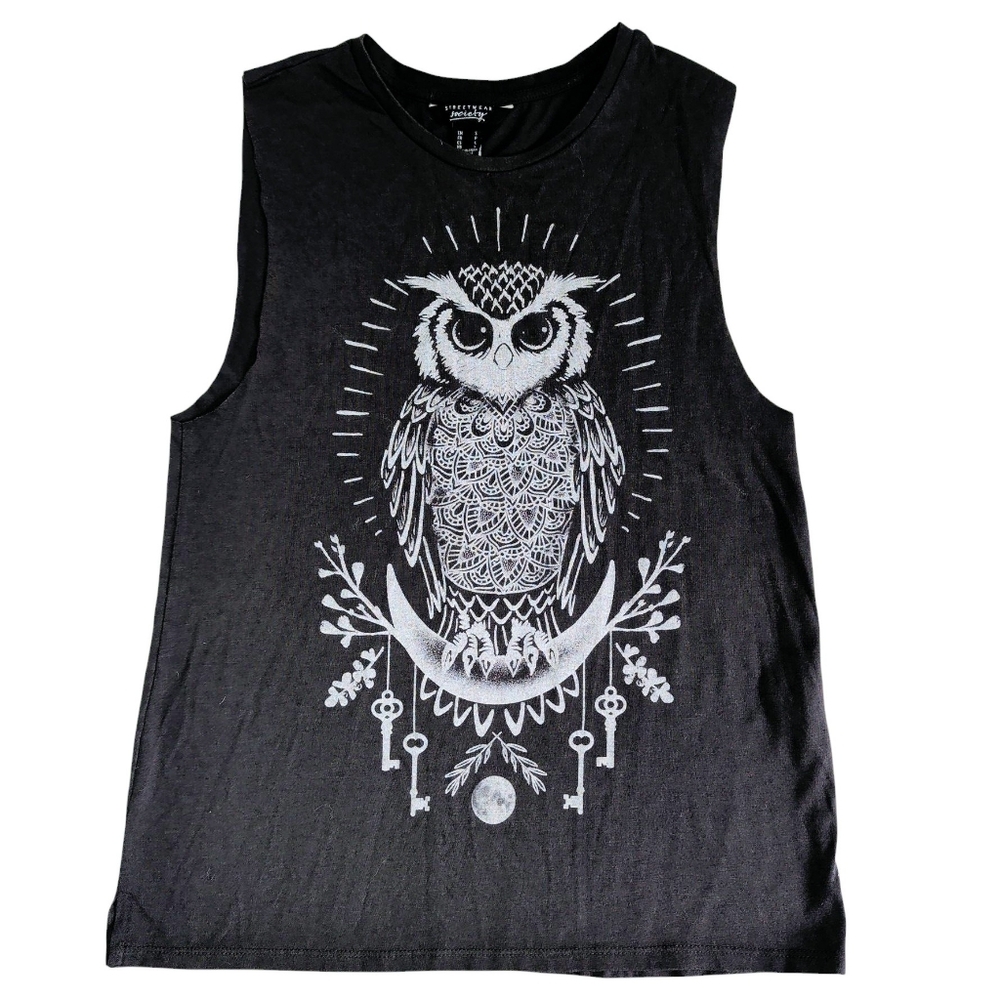 Streetwear Society Small Black Owl Tank Top Womens Sleeveless Gray Crescent Moon